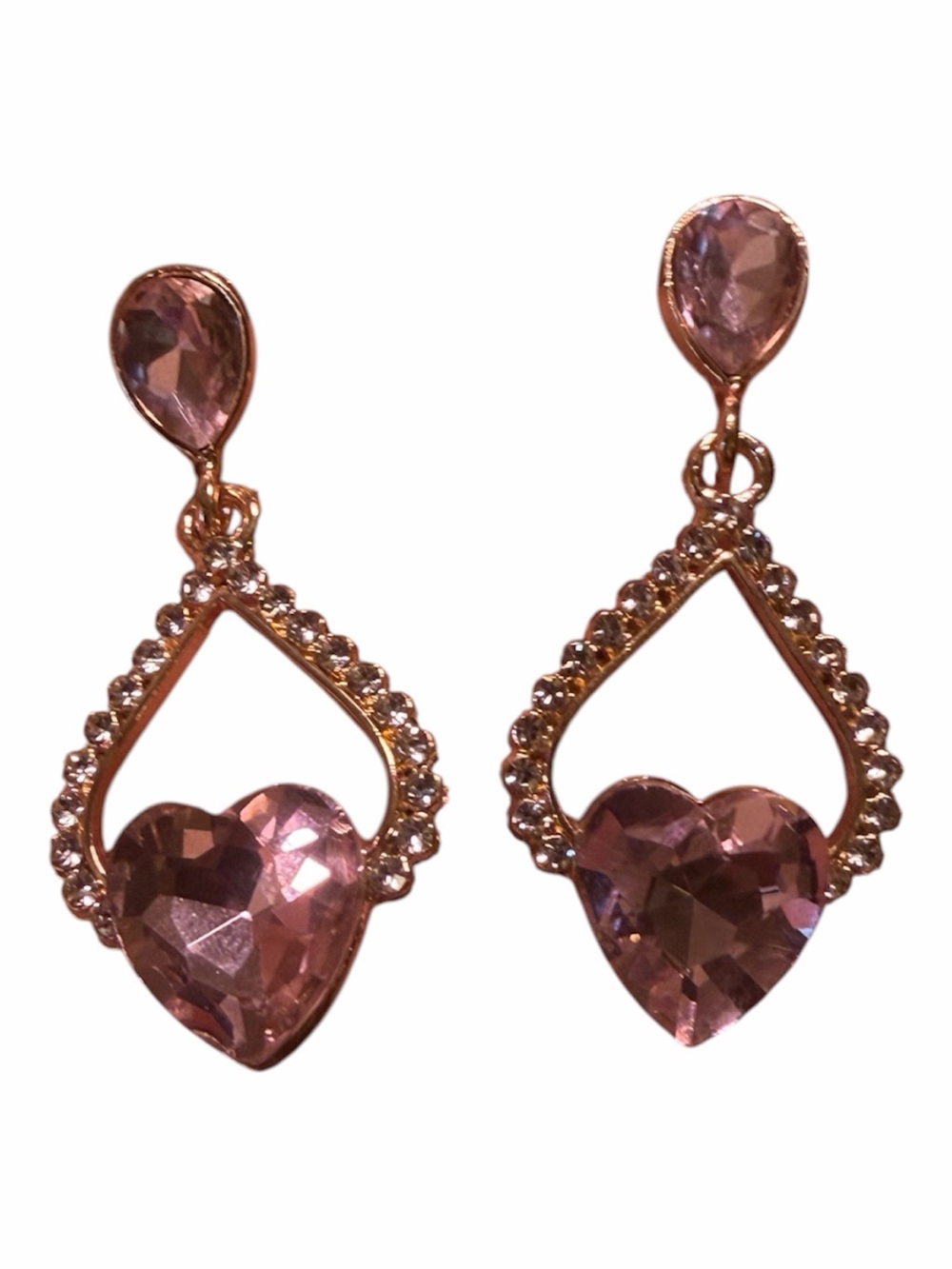 Rose Gold Heart Drop Earrings with Pink Crystals